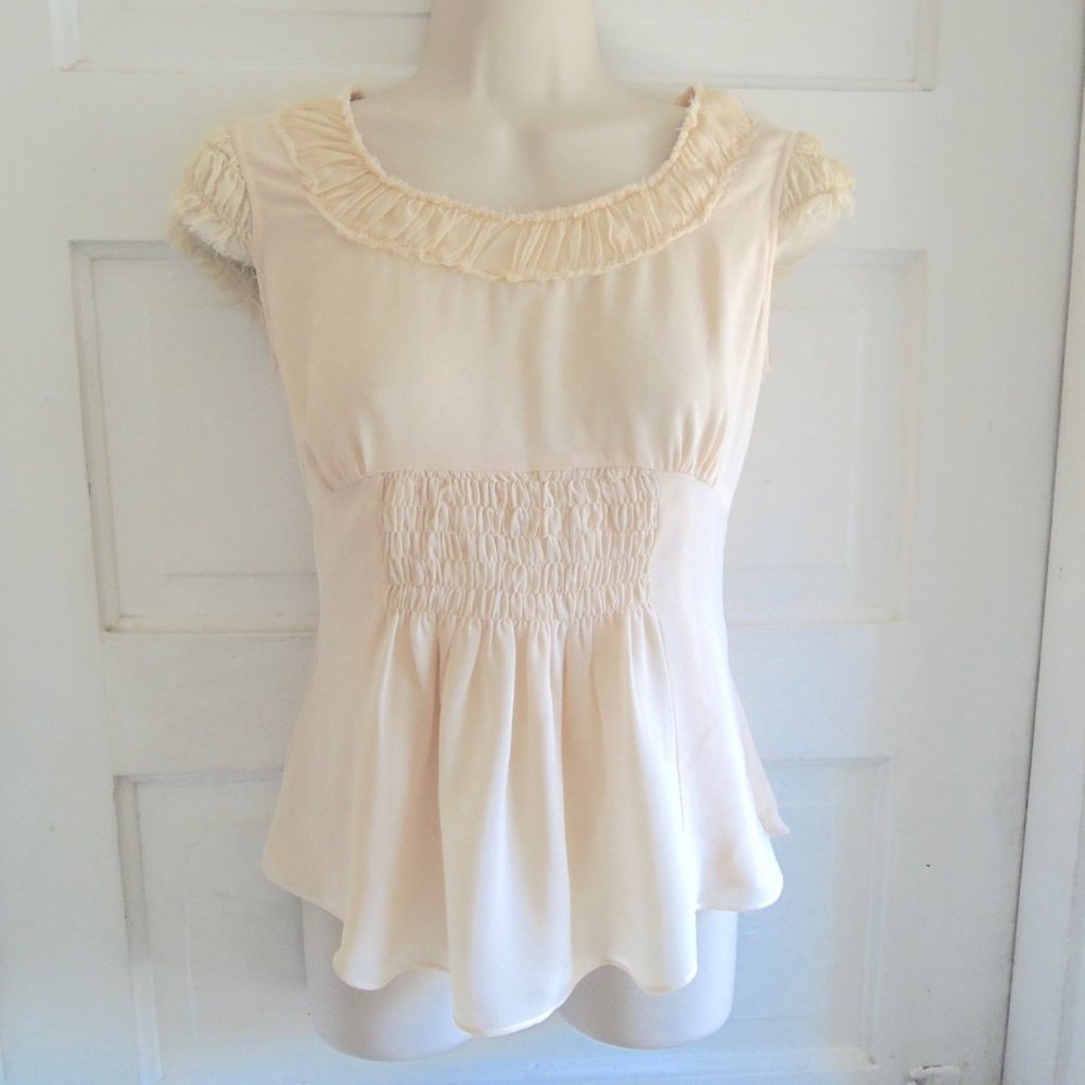 Marc Jacobs Cream Smocked Ruche Neck Raw Edge Blouse M